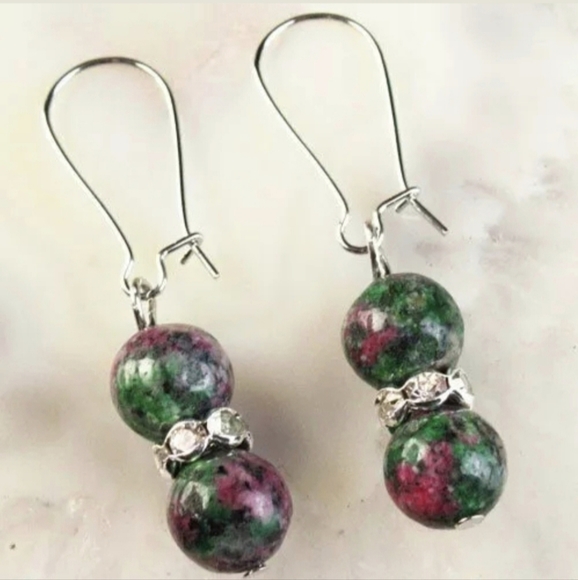 New Ruby in Fuchsite Round Ball & Rhinestone Earrings. - Picture 2 of 2